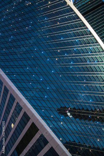 Night view of the modern architectural complex of Moscow city with multicolored illumination Russia