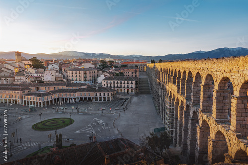 Aerial view of Roman Aqueduct of Segovia and Plaza Oriental Square - Segovia, Castile and Leon, Spain