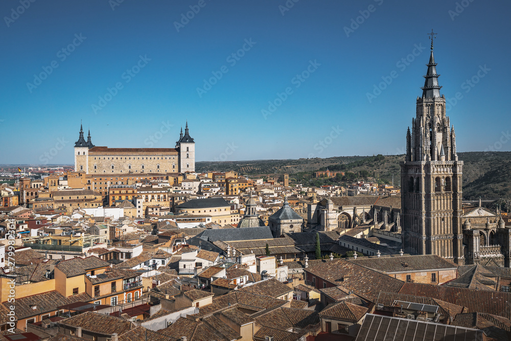 Aerial view of Toledo city with Cathedral Tower and Alcazar - Toledo, Castila La Macha, Spain
