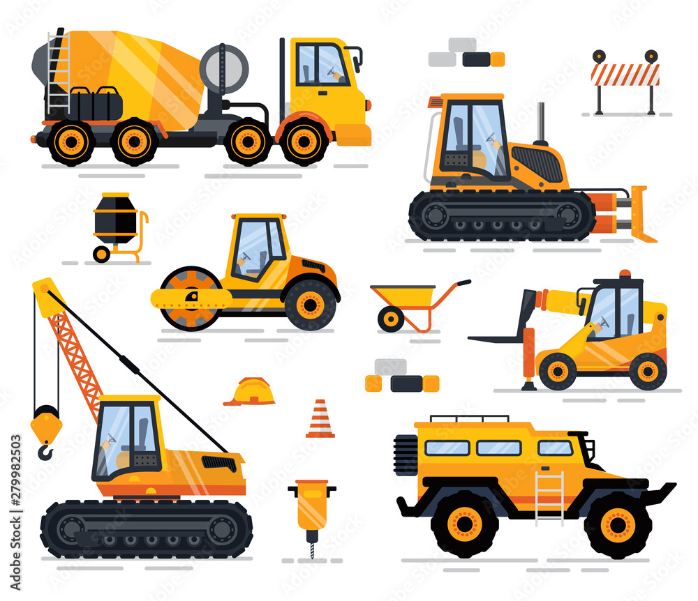 Engineering vehicle, side view tractor with hook, drill and cone forklift,  off-road car. Heavy industry machines. Concrete mixer, brick and trolley,  construction vector. Machines for building services vector de Stock | Adobe