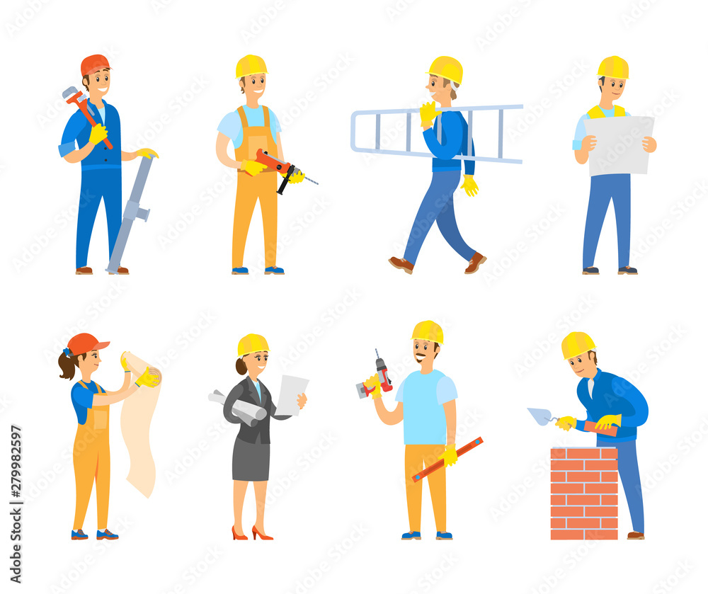 People working as engineers and builders vector, man and woman with list of tasks, plans and schemes for building. Male carrying ladder and tools People working as engineers and builders vector, man and woman with list of tasks, plans and schemes for building. Male carrying ladder and tools