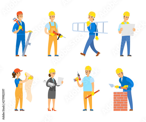 People working as engineers and builders vector, man and woman with list of tasks, plans and schemes for building. Male carrying ladder and tools