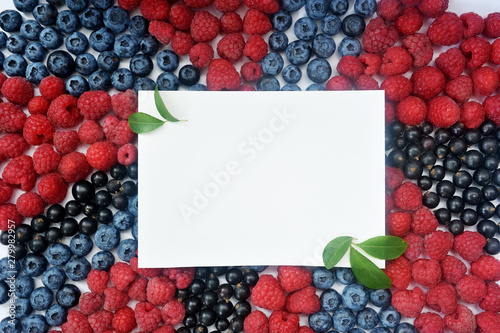 Summer blueberry, raspberries and currant mock up frame detox isolated on white background. Berries border design. Close up top view or flat lay with place for your text
