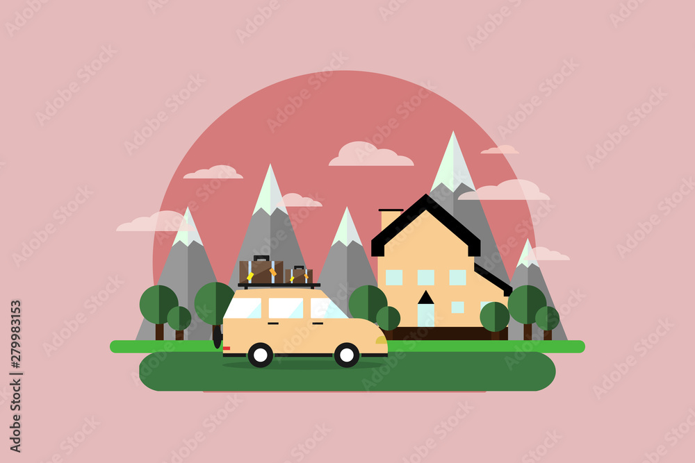 Summer holiday, Travel by car, Time to travel, Road trip, Flat design vector illustration.