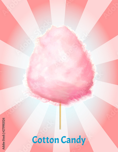 Cotton candy on stick, fluffy sugar cloud dessert isolated on pink. Vector strawberry, raspberry or cherry candyfoss, sweet snack food logo or emblem