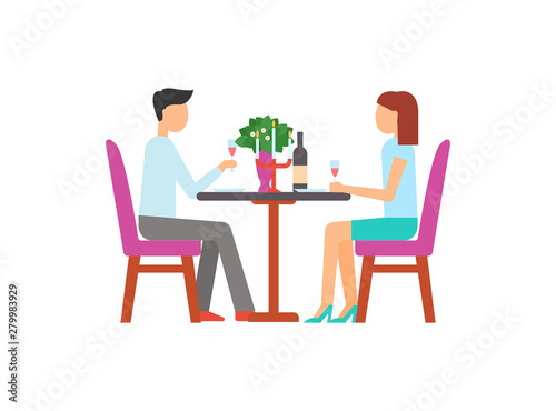 Man and woman sitting at table with bottle and plant, meeting of couple, holding glass of wine. Room decorated with lamp and colorful pictures vector. Girl and boy on dating in restaurant or cafe