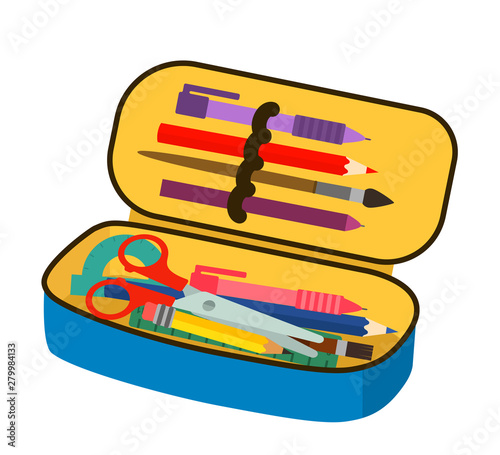 Bright school pencil case with filling school stationery flat vector illustration isolated on white background