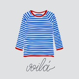 Blue and red striped longsleeve t-shirt and handlettered word voila, French for here it is.