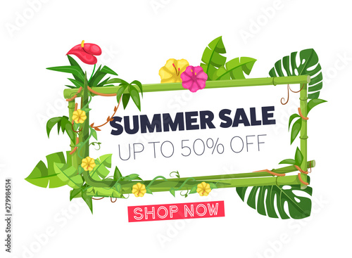 Summer sale border frame with exotic jungle plants