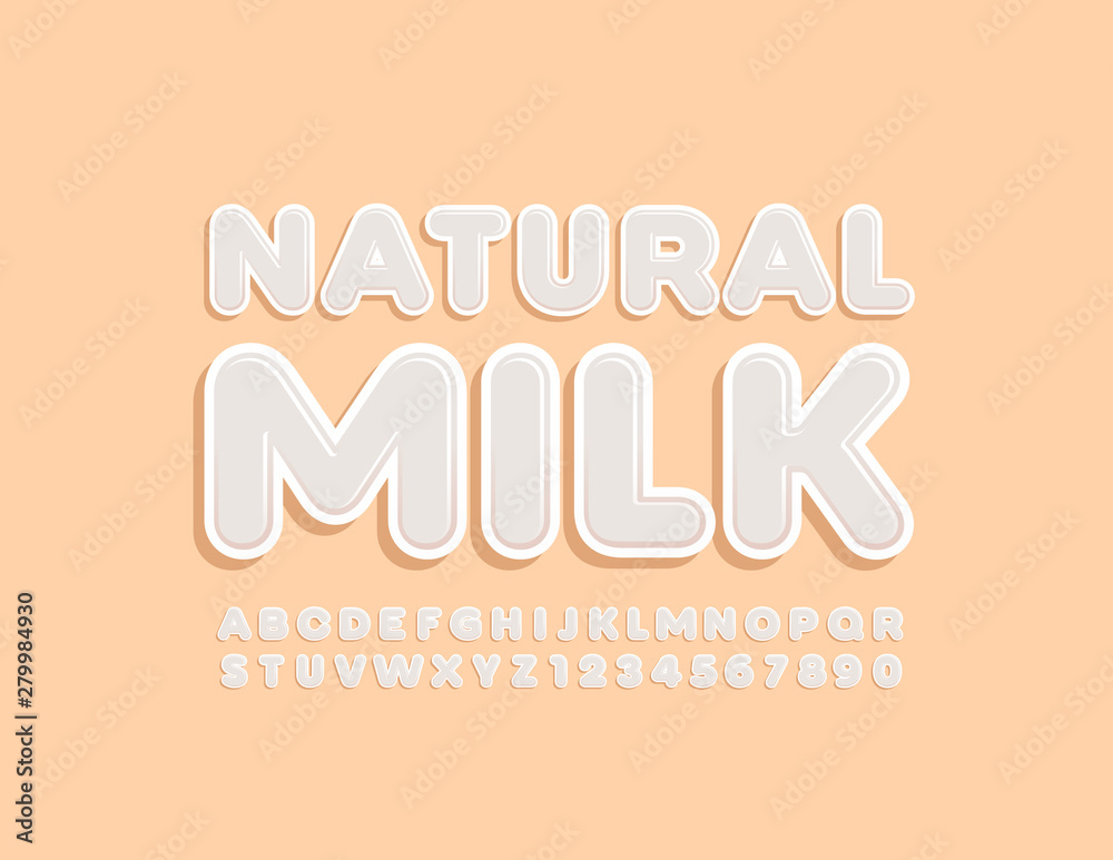 Vector trendy logo Natural Milk with Uppercase Font. White Alphabet Letters and Numbers Vector trendy logo Natural Milk with Uppercase Font. White Alphabet Letters and Numbers