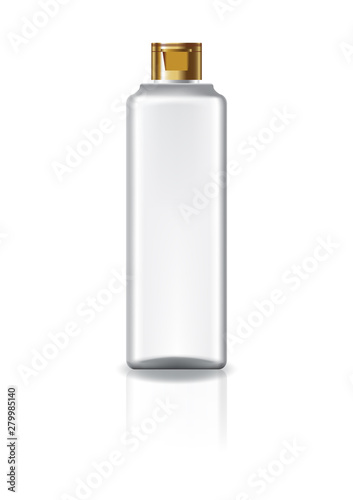 Blank clear square cosmetic bottle with gold cap lid for beauty or healthy product. Isolated on white background with reflection shadow. Ready to use for package design. Vector illustration.