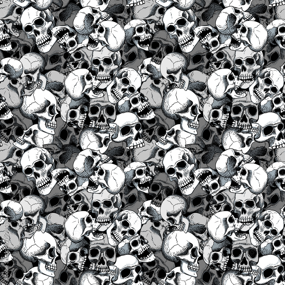 Vector seamless pattern with human white skulls on a black background. Line  art in tattoo style. Background for Halloween. Stock Vector | Adobe Stock