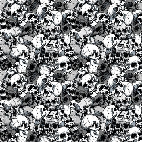 Vector seamless pattern with human white skulls on a black background. Line art  in tattoo  style. Background for Halloween.