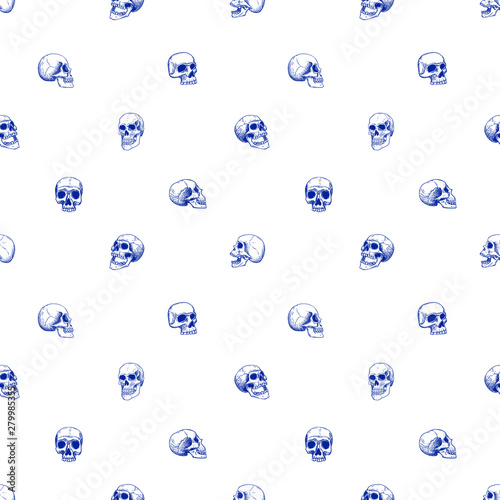 Vector seamless pattern with human white skulls. Imitation blue ballpoint pen, line art on a white background in tattoo style.