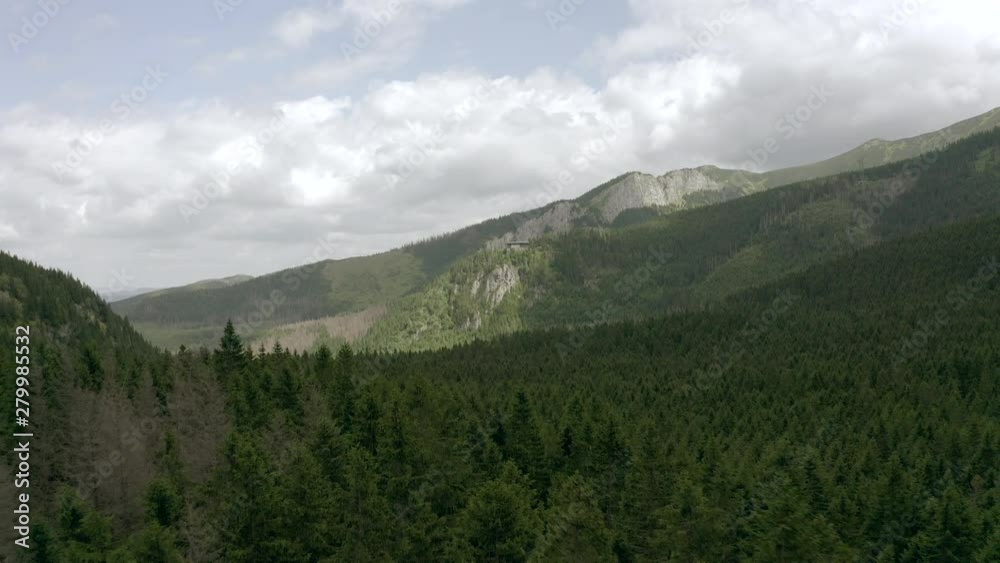 Flying over a beautiful mountain valley with forest growing in the big mountains on a tropical island in a cloudy summer. Slow Aerial Shot Ahead, Iceland. Drone Shot 4K. Flying over a beautiful mountain valley with forest growing in the big mountains on a tropical island in a cloudy summer. Slow Aerial Shot Ahead, Iceland. Drone Shot 4K.