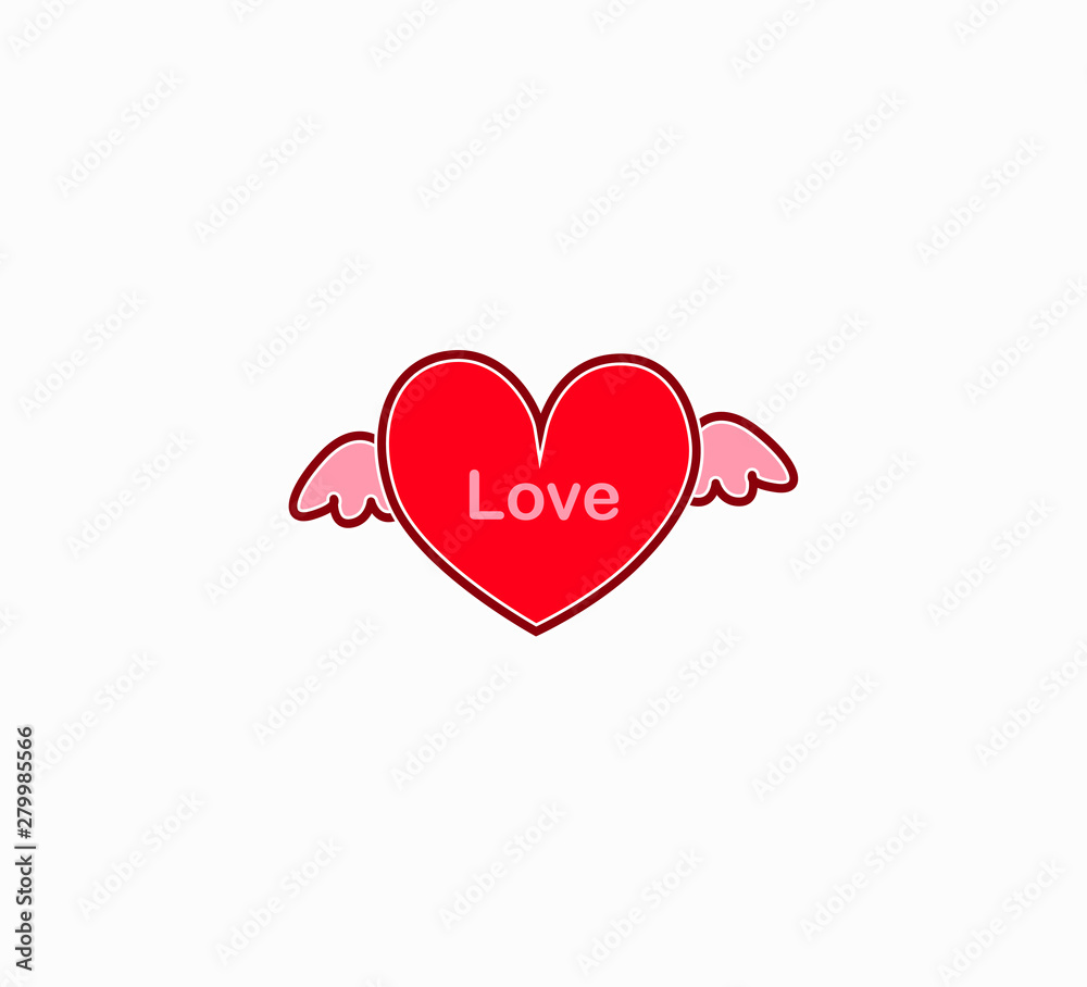 Flat design vector illustration of a bright red heart with wings and the inscription love. The idea for Valentine - a romantic greeting card for the holiday. Declaration of love.