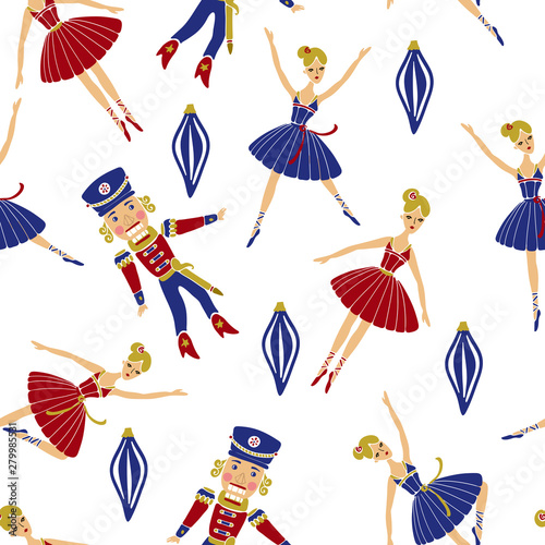Christmas pattern with ballet dancers and nutcrackers. Elegant seamless backg...