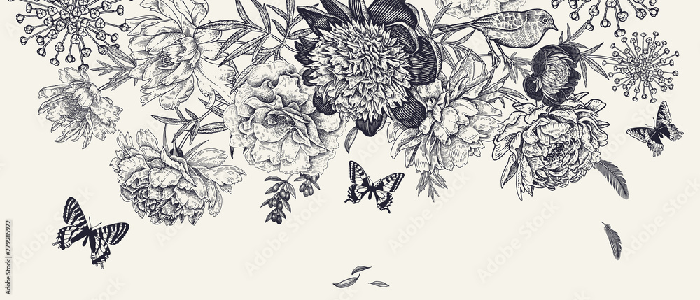 Luxurious decoration. Garland of luxurious blooming peonies, butterflies and birds.
