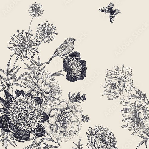 Vintage botanical decoration. Flowers, butterflies and birds.