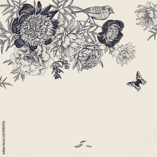 Garland of luxurious blooming peonies, butterflies and birds. Luxurious decoration.