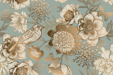 Stickers Vintage bloemen patronen Vintage pioenrozen met vogel en vlinders  © marinavorona