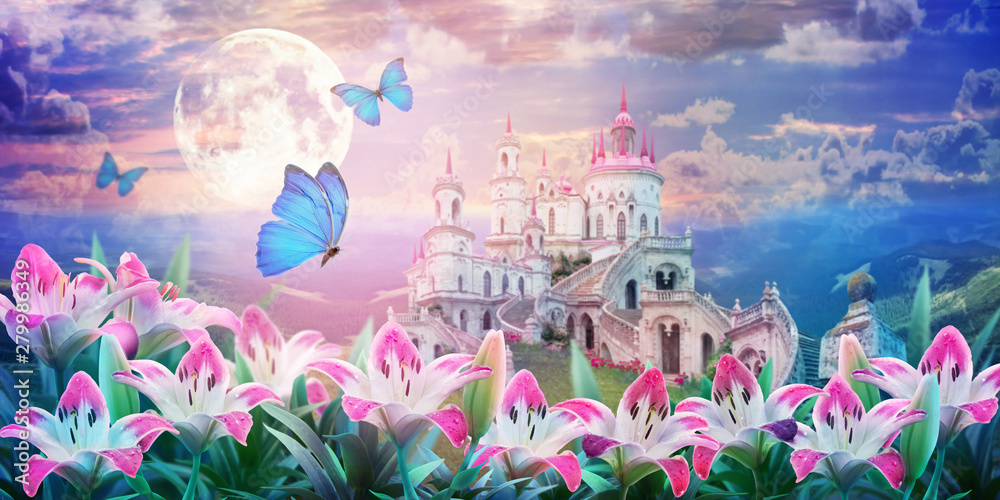 Obraz premium Fantastyczny kwiatowy lato krajobraz z kwiatami różowych lilii i fruwających motyli. Piękny stary zamek. Marzycielski delikatny cud powietrzny artystyczny obraz. Szablon lato, obraz artystyczny, wolne miejsce
