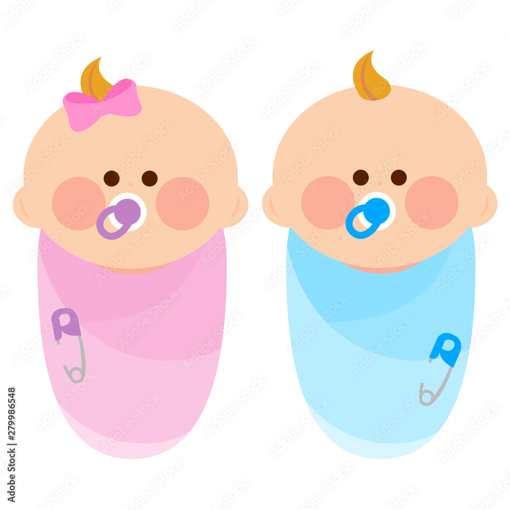 Cute swaddled newborn babies wrapped in pink and blue blankets. Vector illustration