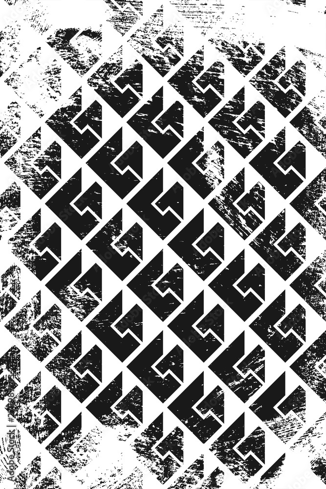 Grunge abstract isometric pattern. Vertical black and white backdrop.