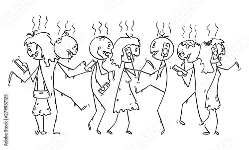 Vector cartoon stick figure drawing conceptual illustration of group of addicted zombies or dead people walking on the street and using mobile phones or cell phones.