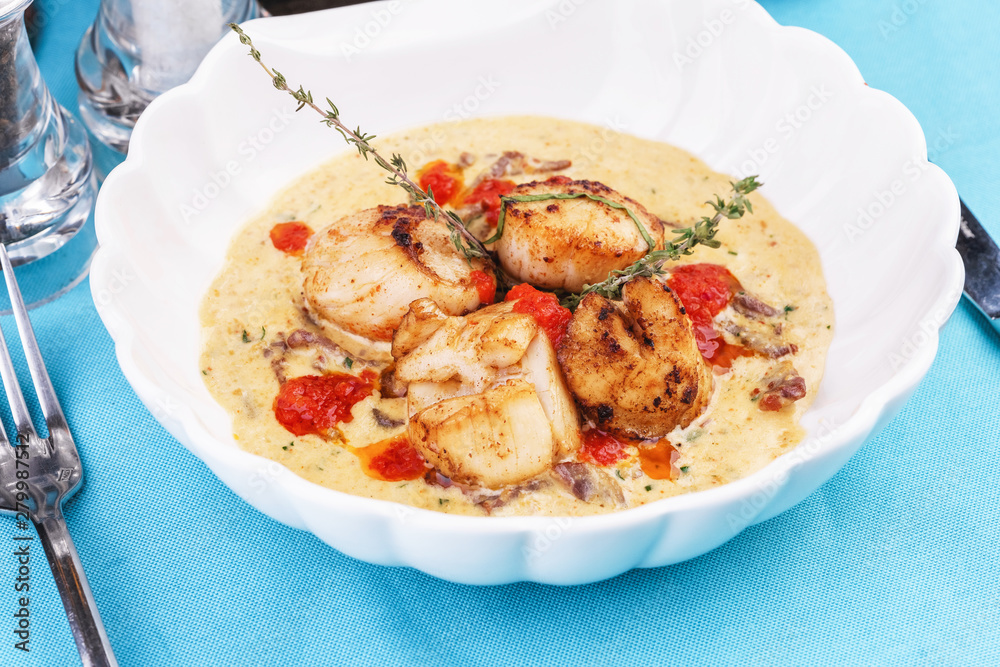 Mediterranean soup with seafood, crab meat, fish and chicken with creamy broth Mediterranean soup with seafood, crab meat, fish and chicken with creamy broth