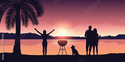 bbq with friends on the beach at sunset vector illustration EPS10
