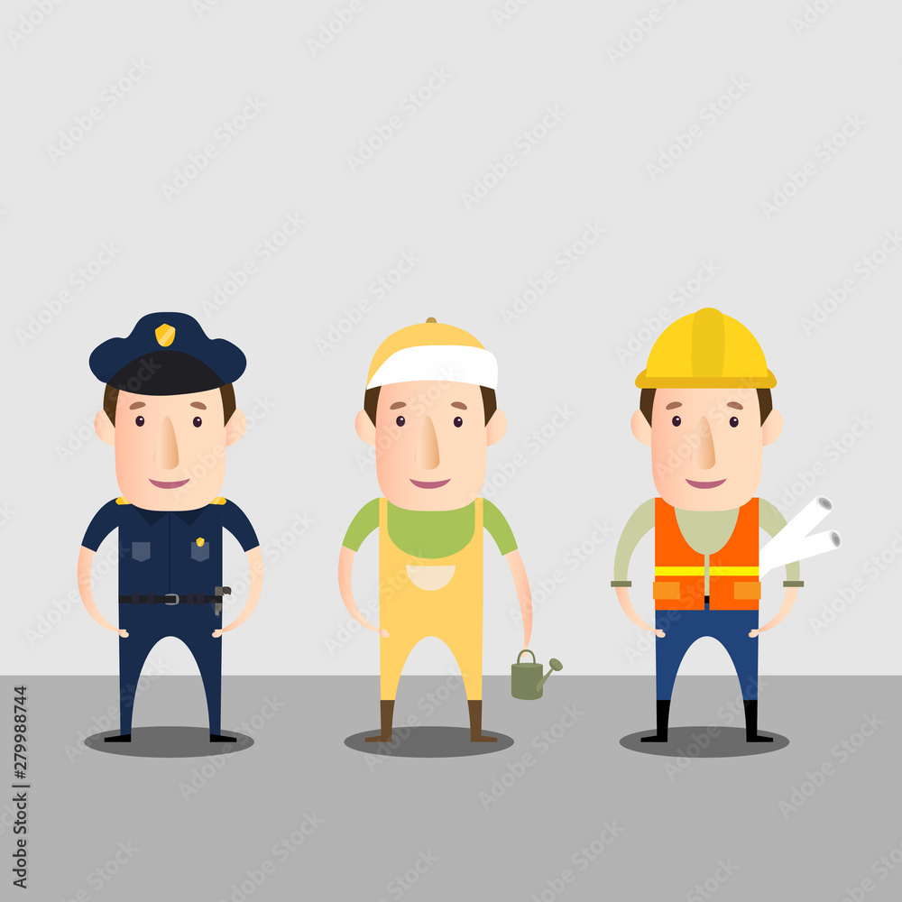 Cartoon Character Of Police Gardener And Engineering. Cartoon Character Of Police Gardener And Engineering.