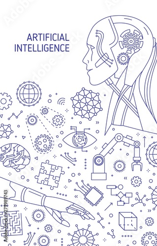 Monochrome poster template with robot, robotic arm, automatic manipulator hand drawn with outlines on white background