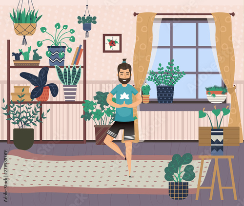 Hobby of character vector, man spending time at home practicing yoga poses. Interior of room, plants and flowers on shelves, persons pastime pleasure