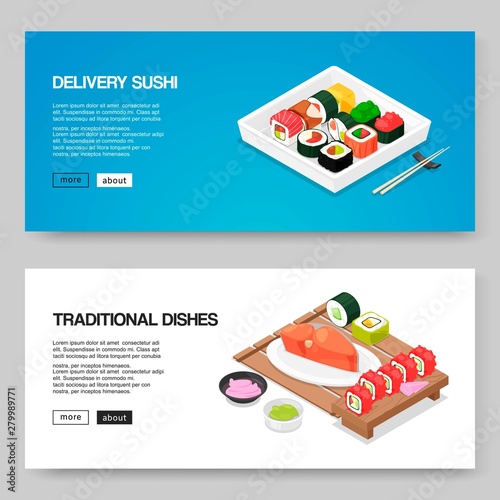 Sushi and asian food delivery vector illustration. Japanese asian food for online order. Rolls, futomaki sushi, tuna fish and wasabi on traditional chinese plates with sticks.