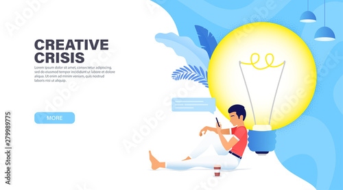 Creative crisis concept. Guy sitting near the big glowing light bulb and looking new ideas for project, chatting on social networks and drinking coffee. Time management banner. Modern landing page.