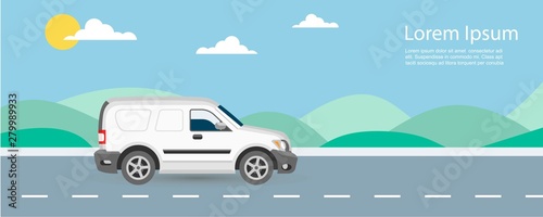 Van car free and fast delivery to customer on road background vector illustration. Van riding on highway with blue sky and green hills.