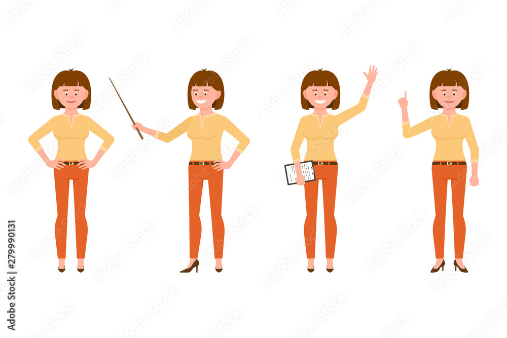 Happy, funny, brown hair young office worker lady in casual office look vector illustration. Waving hello, pointing finger, holding wand, standing girl cartoon character set on white background