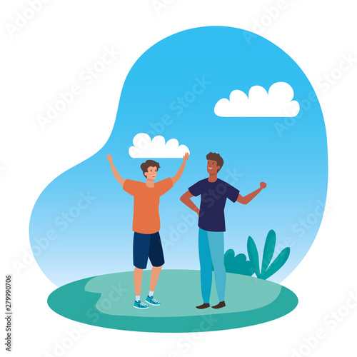 interracial young men friends in the camp