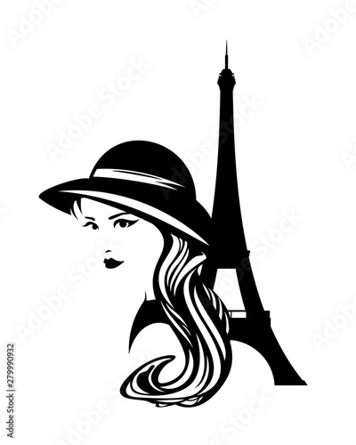 elegant woman wearing retro style hat with eiffel tower - black and white vector beauty portrait