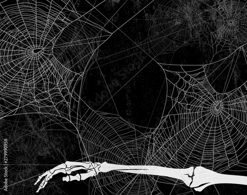 spooky halloween backdrop with spider web, dead man skeleton hand and shabby black wall - vector copy space background design