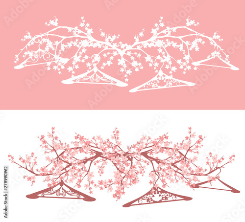 empty coat hangers among blooming sakura tree branches - spring season sale concept vector design set