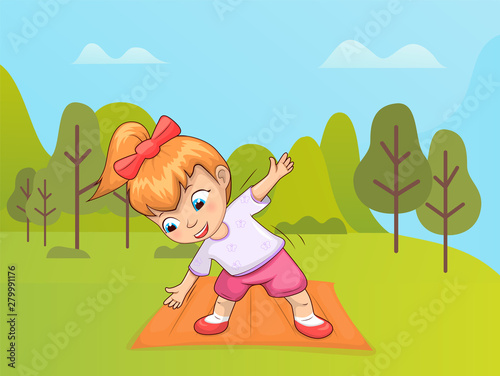 Small girl vector, forest or park with trees. Kid leading active lifestyle, exercising and leading active lifestyle. Healthy kiddo full of energy activity