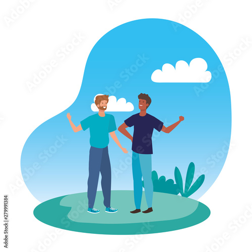 interracial young men friends in the camp