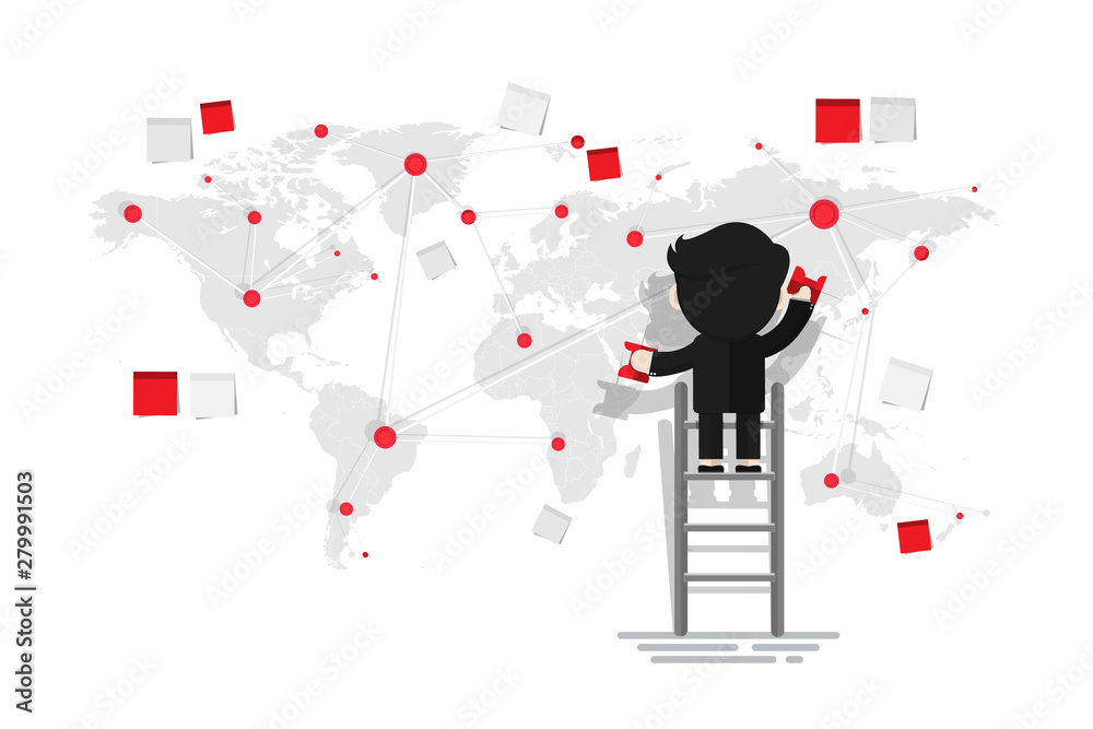 Businessman pinpoint on wall mapping earth by red pin, sticky note isolated on white background, Flat design character, illustration element Businessman pinpoint on wall mapping earth by red pin, sticky note isolated on white background, Flat design character, illustration element