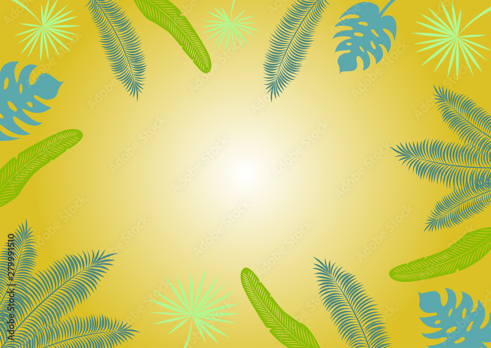 The frame of tropical leaves on a yellow background, with free space for the inscription. Palm and banana leaves. Images for your decor and design. Polygraphy. Print. Background for advertising.