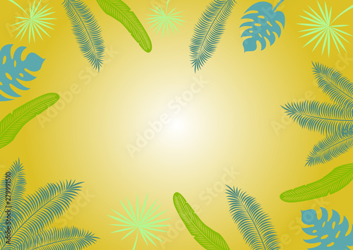 The frame of tropical leaves on a yellow background, with free space for the inscription. Palm and banana leaves. Images for your decor and design. Polygraphy. Print. Background for advertising.