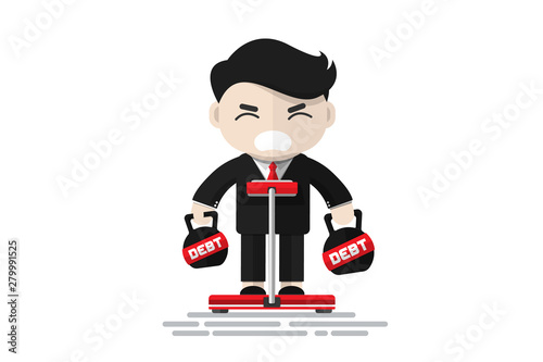 Tired Emotion, Businessman holding kettle bell with word DEBT standing on weight scale, Flat design character, illustration element, Financial concept