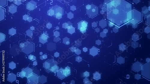 Abstract blue Hexagon honeycomb digital technology background code number futuristic surface running