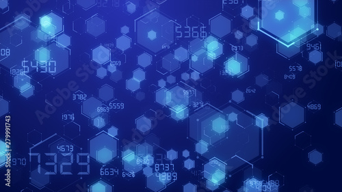 Abstract blue Hexagon honeycomb digital technology background code number futuristic surface running